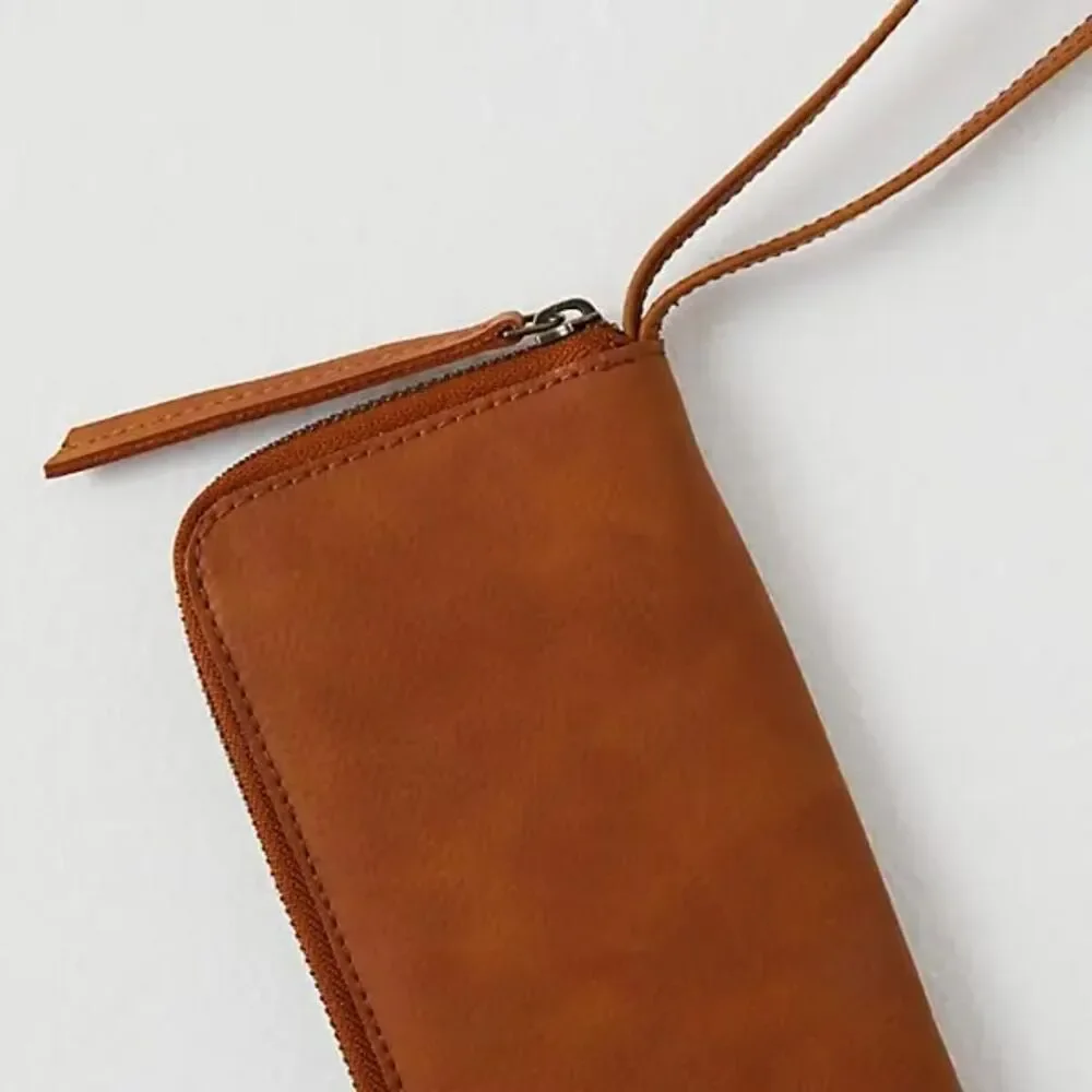 Free People Distressed Vegan Wallet Worn Finish Wrist strap Clutch Brown Tan